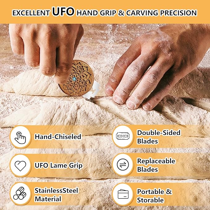 UFO Bread Lame Sourdough Scoring Tool - Dough Scoring Tool for Sourdough Bread baking & Bread Making Tool, Wooden Scoring Tool with 5 Razor Blades, Leather Storage Cover, Finger Sleeves, Cleaning Tool