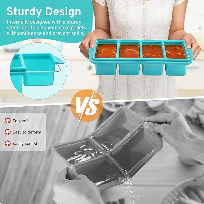 Silicone Freezer Tray with Lid - 1 Cup Silicone Food Freezers Tray - Large Ice Cube Freezer Molds - Soup, Sauce, leftovers, Homemade Meal Prep Freezing Kitchen Storage Containers - Aqua - 4-Pack