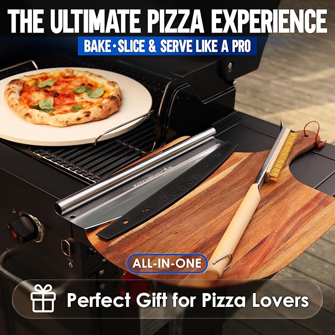 KitchenStar 16-inch Pizza Making Set, 6 PCS - Pizza Stone + Stainless Steel Rack, Acacia Wood Pizza Peel, Pizza Cutter Rocker + Protective Cover, Metal Brush - Oven & Grill Accessories Kit
