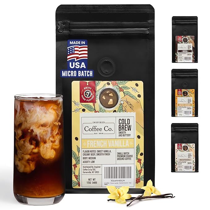 Inspired Coffee Co French Vanilla Flavored Cold Brew Coffee Coarse Ground Coffee Beans Medium Roast - Low Acid Coffee Smoother Taste - 100% Arabica - 12 oz. Resealable Bag