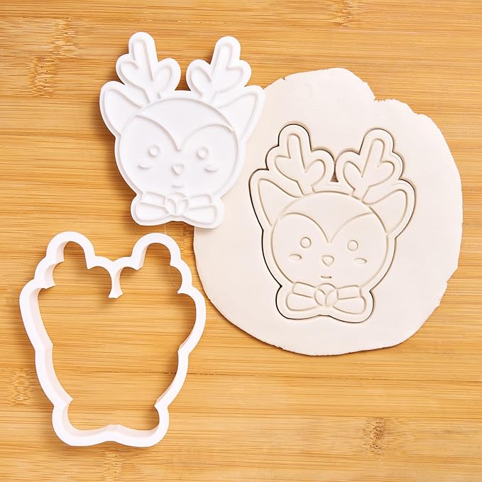 Flycalf Christmas Cookie Cutters Reindeer with Plunger Stamps Holiday PLA Baking Accessories Cutter Molds Gifts Decorative Party 3.5" Kitchen Cake Supplies