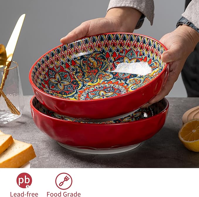YUN TAO Large Serving Bowls,10 inch Porcelain Bowls, 75 Oz Capacity, Vibrant Red Hue - Microwave and Dishwasher Safe for Salad, Pasta, Entertaining and Party (Set of 2)