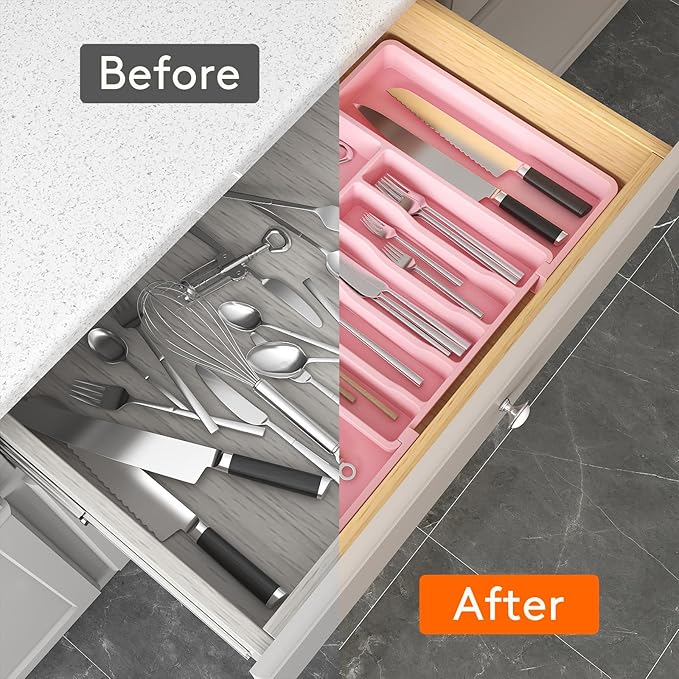 Lifewit Silverware Drawer Organizer, Expandable Utensil Tray for Kitchen, BPA Free Flatware and Cutlery Holder, Adjustable Plastic Storage for Spoons Forks Knives, Large, Pink