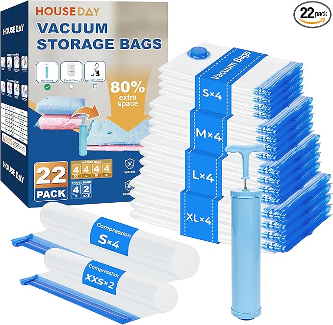 HOUSE DAY 22 Pack Vacuum Storage Bags with Pump,Space Saving Vacuum Seal Bags For Clothing Travel,4 Jumbo/4 Large/4 Medium/4 Small, 4S Roll/2XXS Roll Bags, Hand Pump Included, Sealer Clothes Storage