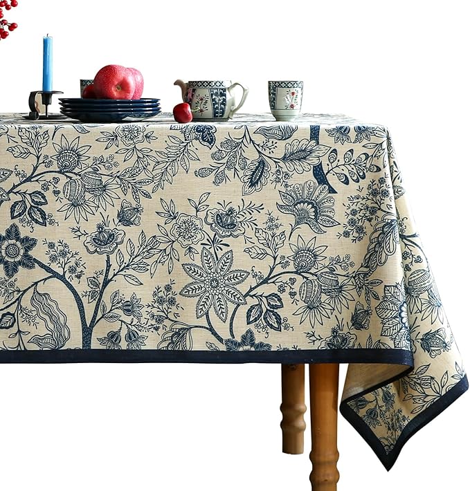 ISAENNE Designer French Linen Small Rectangular Tablecloth,Blue Floral Washable Indoor Table Cloth,Durable Home Decor Tablecloths for Dining Thanksgiving Kitchen Party Christmas,55"*71"-Ruyi B