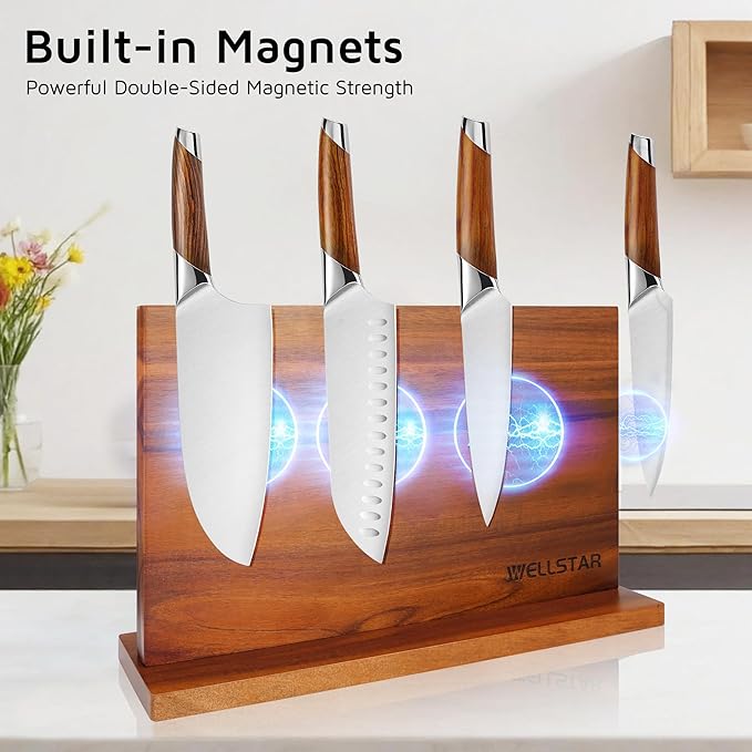 Modern Acacia Magnetic Knife Block Holder 16 x 10 Inches, Extra Large Dual-Sided Strong Magnet Wood knives Stand, Luxurious Kitchen Counter Rack Organizer for a Stable and Stylish Cutlery Display