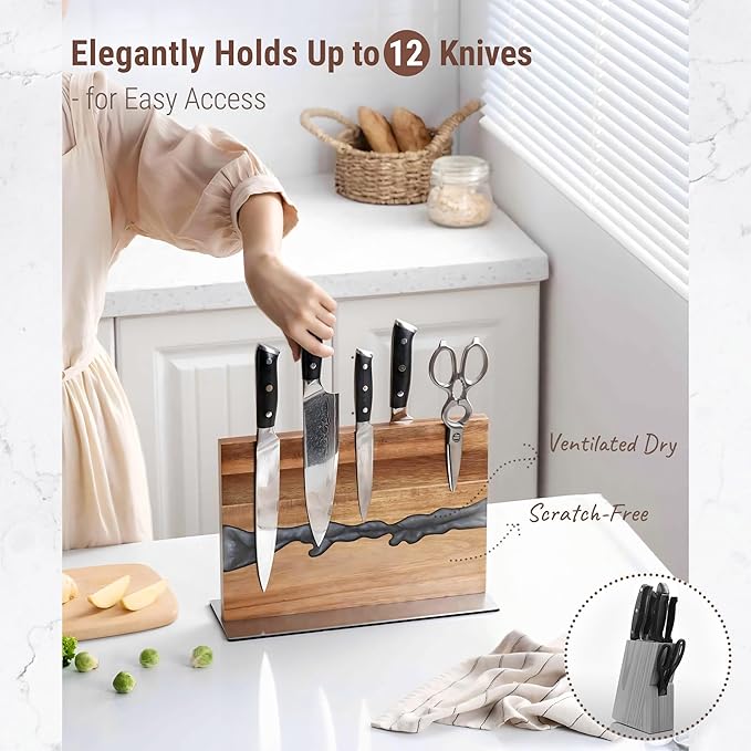 Magnetic Knife Block Holder for Countertop, No Drill Acacia Wood Stand with Epoxy Resin Art & Strong Magnets - Fits Chef Knives & Scissors (No Knives Included)