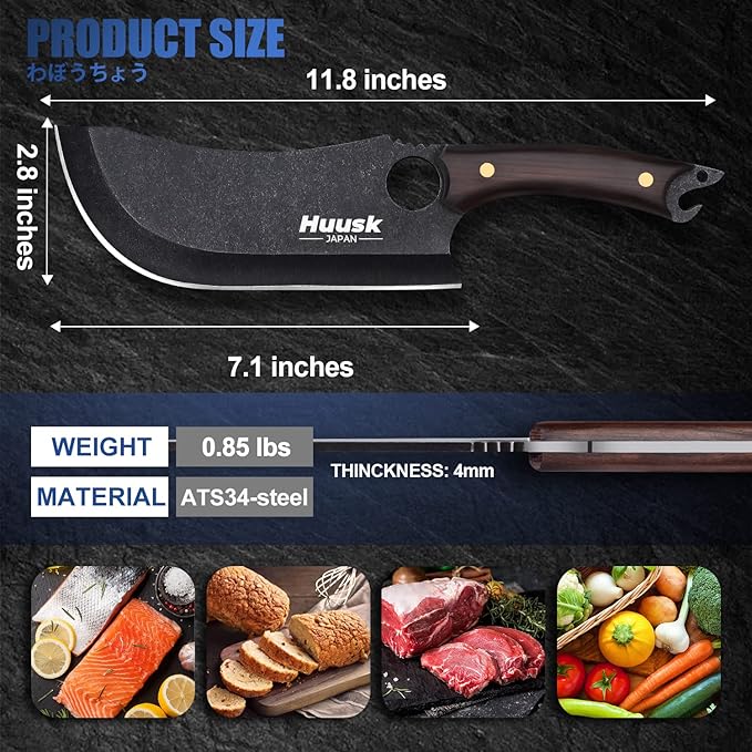 Huusk Hand Forged Meat Cleaver - Japanese Cooking Black Butcher Knife for Meat Cutting, Full Tang Cleaver Knife for Kitchen, Camping Thanksgiving Christmas Gifts