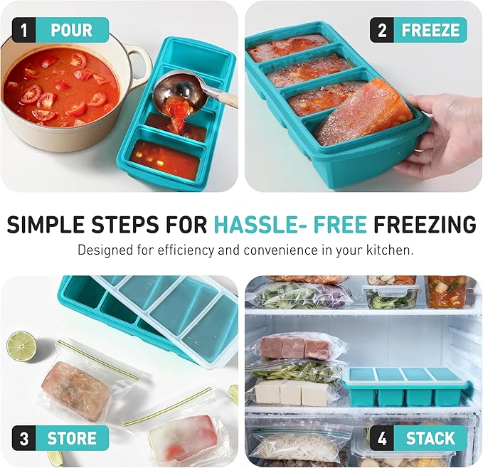 Silicone Freezer Tray with Lid Soup Freezer Container Molds with Steel Reinforced Rim Ice Cube Freezer Molds Large Ice Cube Tray Silicone Freezer Container Freeze & Store Soup Sauce Broth Leftovers