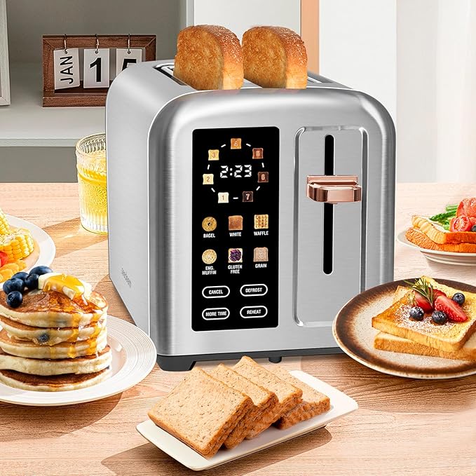 SEEDEEM Toaster 2 Slice, Touch Control Stainless Toaster LCD Display, 50% Faster Heating Speed, 1.4'' Wide Slots, More Timer Functions, Removable Crumb Tray, 1350W, Silver Metallic