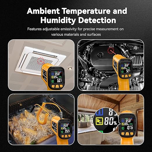 50:1 Infrared Thermometer IR Laser Gun, -58°F to 1796°F, Digital Temperature Gun/K-Type Probe -4°F to 932°F & Humidity Sensor for Cooking, Pizza Oven BBQ HVAC Home-Industrial Use