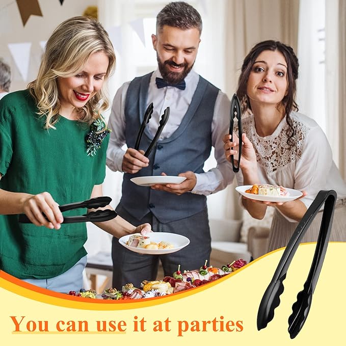 Tessco 50 Pcs Plastic Tongs for Serving Bulk, 9 Inch Plastic Disposable Serving Tongs Heavy Duty Salad Utensils for Kitchen Buffets BBQ Events Catering (Black)