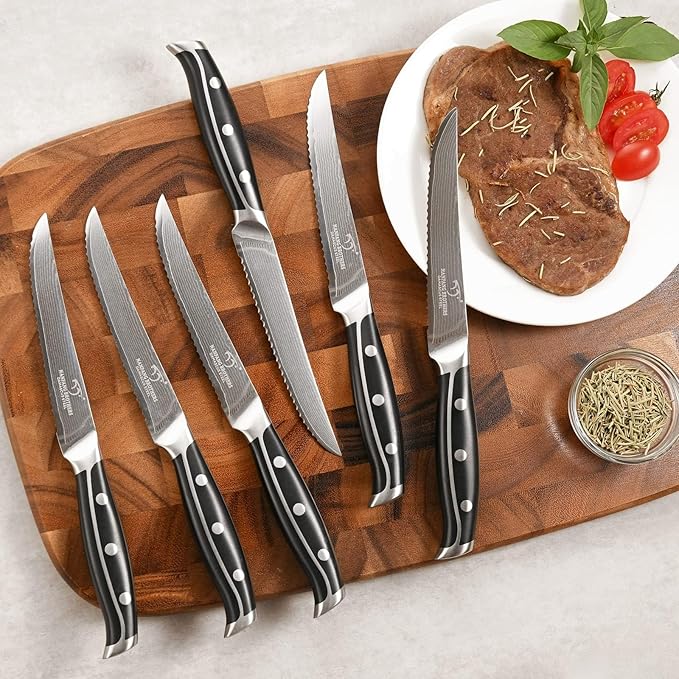 16-Piece Damascus Knife Set with Block - VG10 67-Layer Steel, Razor Sharp, Triple-Rivet Handles, 6 Steak Knives, Meat Fork, Sharpener & Scissors, Natural Wood