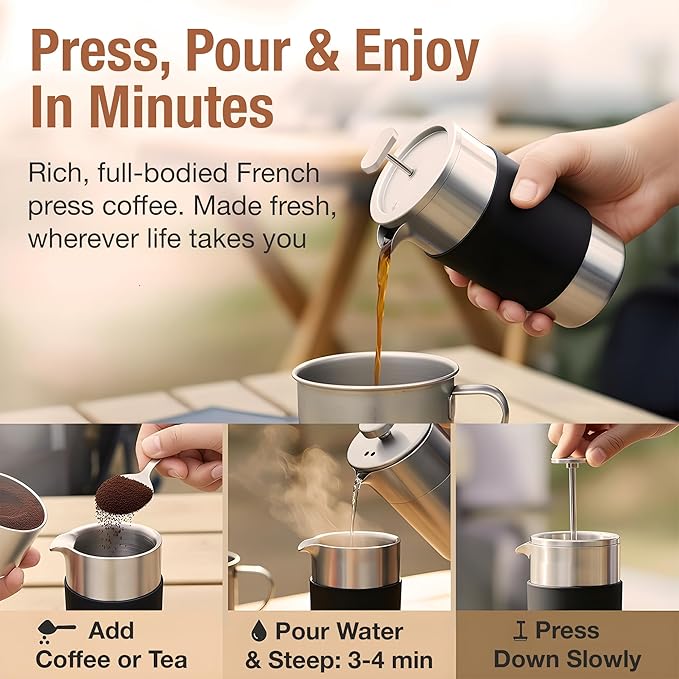 Camping French Press Coffee Maker Set - 12 oz | Portable Travel French Press Coffee Maker | Double Wall Insulated with Dual Stainless Filters & 2 Steel Canisters for Grounds, Tea, Creamer & Sugar