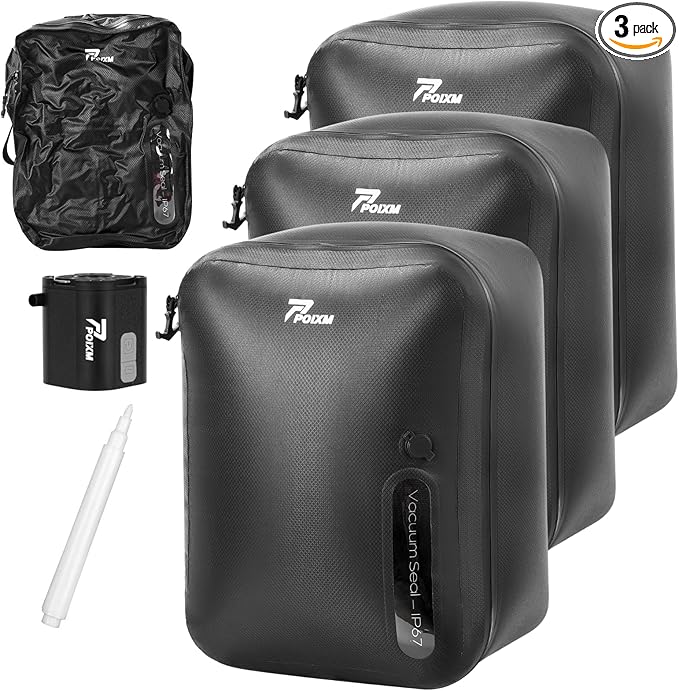 Vacuum Bags for Travel with Wireless Pump, 180° Open Zipper, IP67 Waterproof, Reusable Space Saver Compression Bags for Backpack, Suitcase, Home Storage(3 Pack + Pump)
