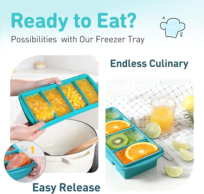 Silicone Freezer Tray with Lid Soup Freezer Container Molds with Steel Reinforced Rim Ice Cube Freezer Molds Large Ice Cube Tray Silicone Freezer Container Freeze & Store Soup Sauce Broth Leftovers