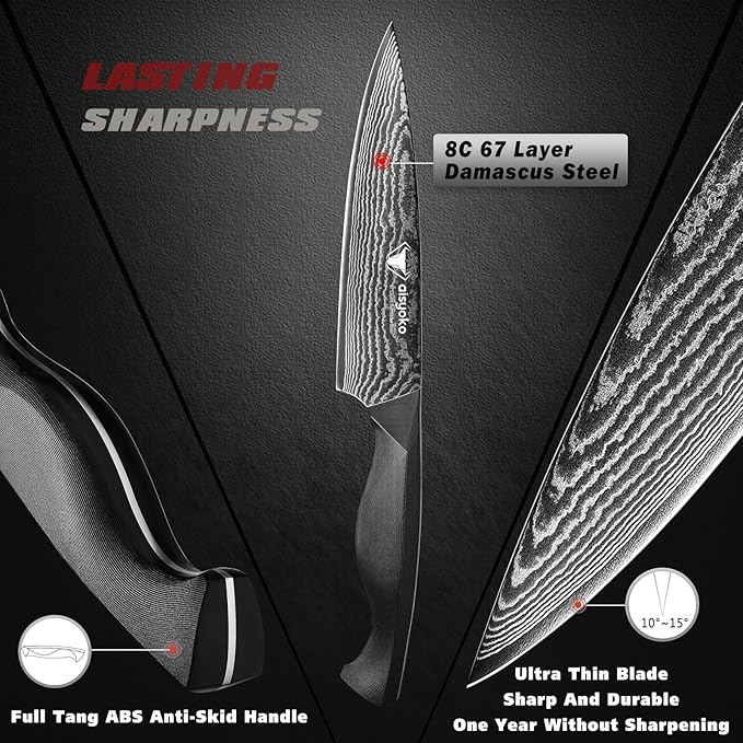 Professional Chef Knife 6.5" Damascus Kitchen Knife 8C High carbon stainless steel Super sharp,Full Tang ABS Anti-Skid Handle utility knife Japanese Cooking Knife with Luxury Gift Box