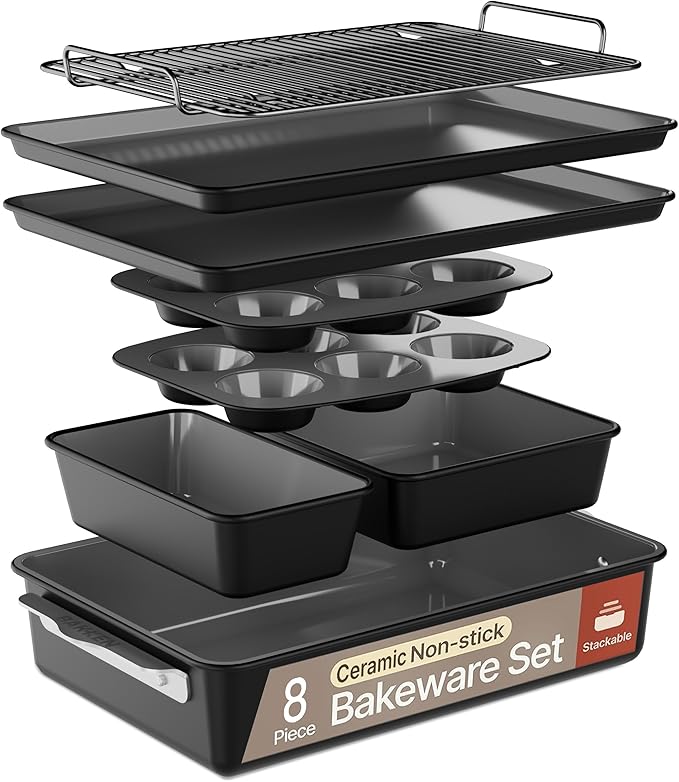 Bakken 8-Piece Ceramic Coated Bakeware Sets, Nonstick Aluminized Steel Pans with Muffin, Loaf, Cake, Roasting Pan, & Cooling Rack, Oven Safe Up To 500°F, Dishwasher Safe, BPA, PTFE & PFAS Free, Black
