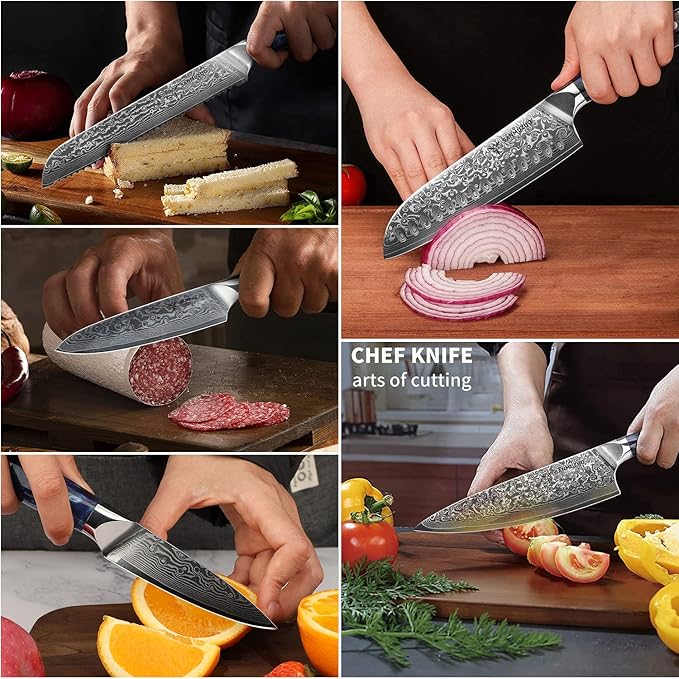 Chef Cooking Knives Set- Kitchen Knife Set of 5 Piece - Ultra-Sharp VG10 Damascus Steel & Resin Handle - Xuan Series (Sapphire Blue)