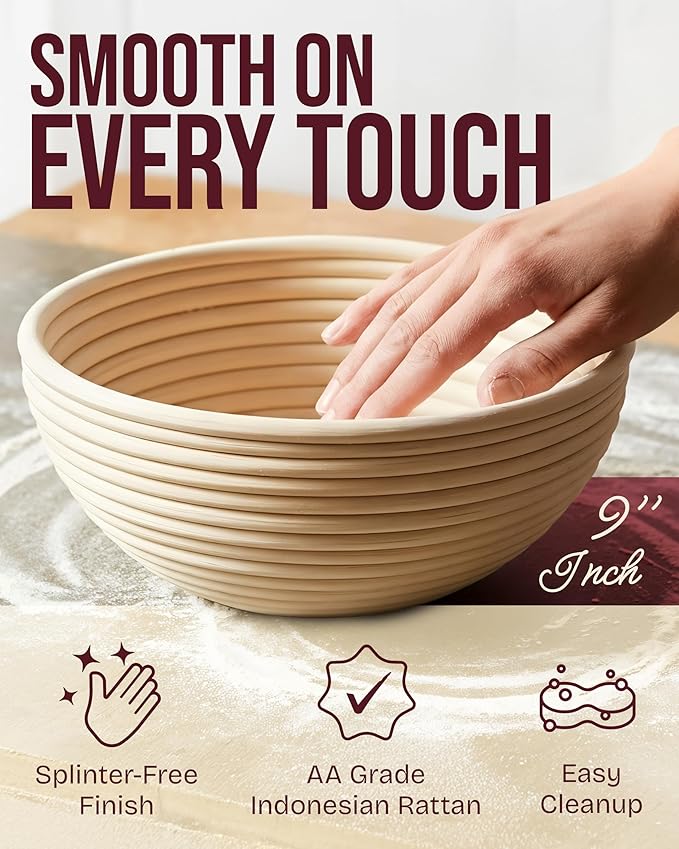Superbaking 2 pcs Banneton Bread Proofing Basket, 9" Splinter-Free Round Rattan Bread Basket with Liners, Sourdough Starter Kit, Sourdough Bread Baking Supplies & Sourdough Kit, Bread Making Tools