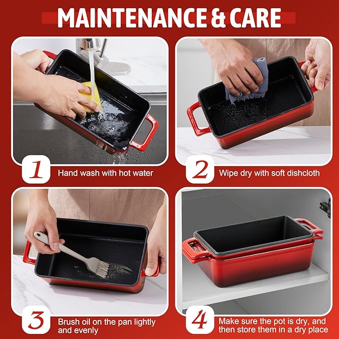 P&P CHEF 2 In 1 Enameled Cast Iron Loaf Pan with Lid, 9 x 5 Inch Bread Loaf Pans for Baking Homemade Sourdough Bread, Meatloaf, Toast, Cake, Nonstick & Healthy & Sturdy, 2 Piece Set - Red