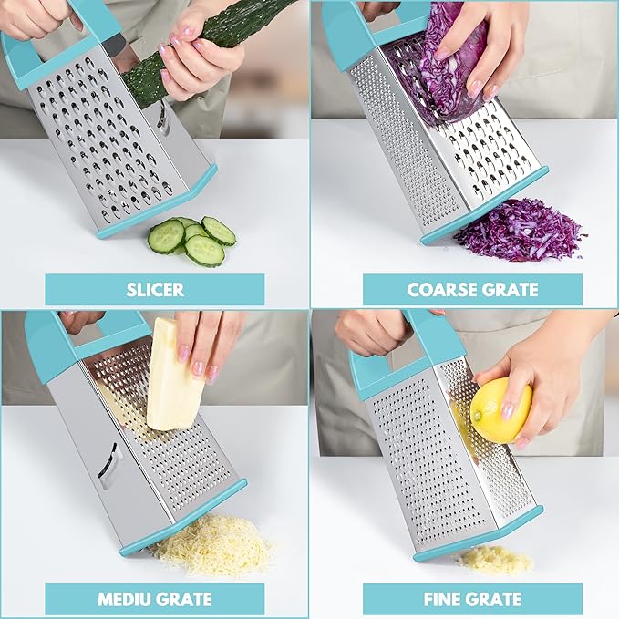 Urbanstrive Cheese Grater With Container, Professional Cheese Grater with Handle, Stainless Steel Graters for Kitchen Handheld, Box Grater with 4 Sides for Vegetables, Ginger, Potatoes (Blue)