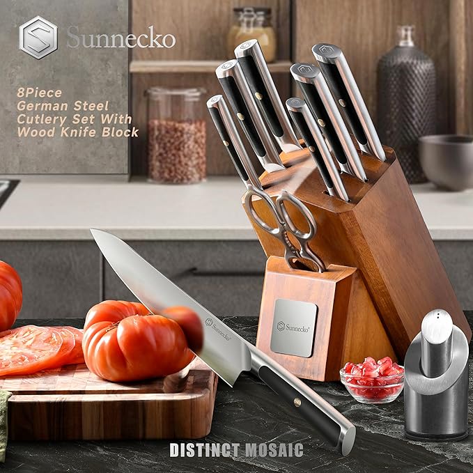 Sunnecko Knife Block Set of 8pcs - Kitchen Knife Set with High Carbon Stainless Steel 1.4116 Knife Sets for Kitchen with Block - Chef Knife with Ergonomic Handle Black Knife Set