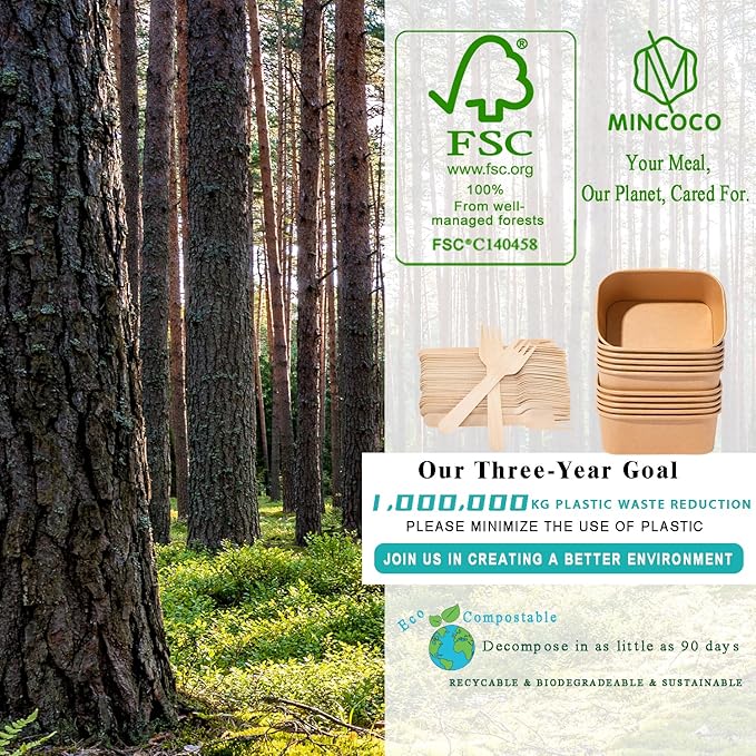 MINCOCO 50 Count Disposable Paper Bowls with Lids Meal Prep Containers 【Includes 50 Wooden Forks + 100 Labels】 Salad Food Containers Freezer & Microwave Safe Leakproof Soup Bowls (25 Ounce, 50-Count)