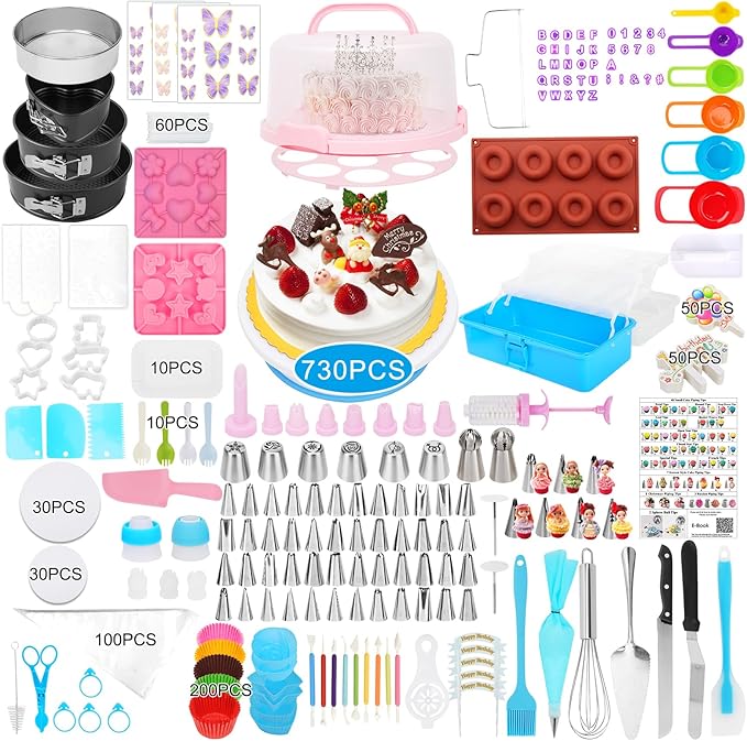 Cake Decorating Kit, 730 Pcs Cake Pop Kit Cake Decorating Supplies with Cake Carrier Holder Springform Pan Sets Toolbox Organizer Turntable Piping Bags Tips Chocolate Molds for Beginner Professional