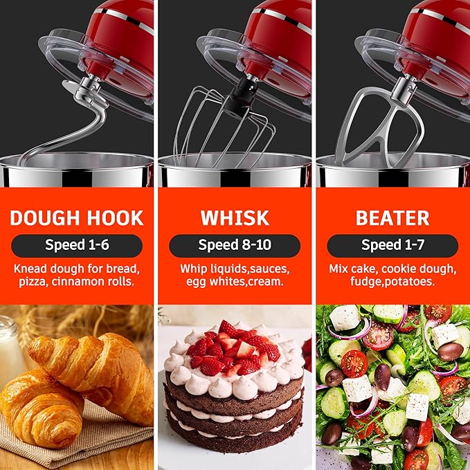 Stand Mixer, 5.5 Quart, 10 Speed Tilt-Head Kitchen Mixer, Copper Motor, Household Food Mixer with Bowl, Flat Beater, Dough Hook, Egg Whisk (450W Red)
