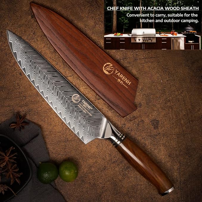 YARENH Damascus Chef Knife 8 Inch with Sheath, Professional Kitchen Knife, 73 Layers Damascus High Carbon Steel, Full Tang Sandalwood Handle, FYW Series
