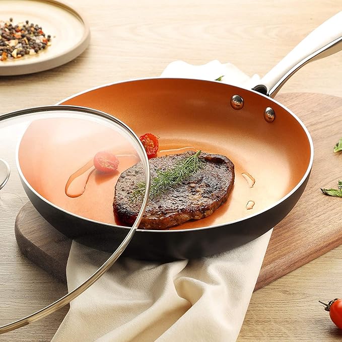 MICHELANGELO Frying Pan with Lid, Nonstick 8 Inch Frying Pan with Ceramic Titanium Coating, Copper Fry Pan with Lid, Small Fry Pan 8 Inch, Nonstick Fry Pans