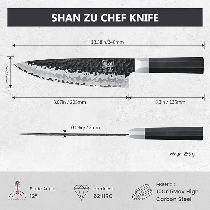 SHAN ZU Japanese Chef Knife 8 Inch, High Carbon Steel 10Cr15Mov Professional Kitchen Knife, Sharp Cooking Knife with G10 Handle Dishwasher Safe, Meat Cutting Gyuto Knife, Gifts for Women & Men
