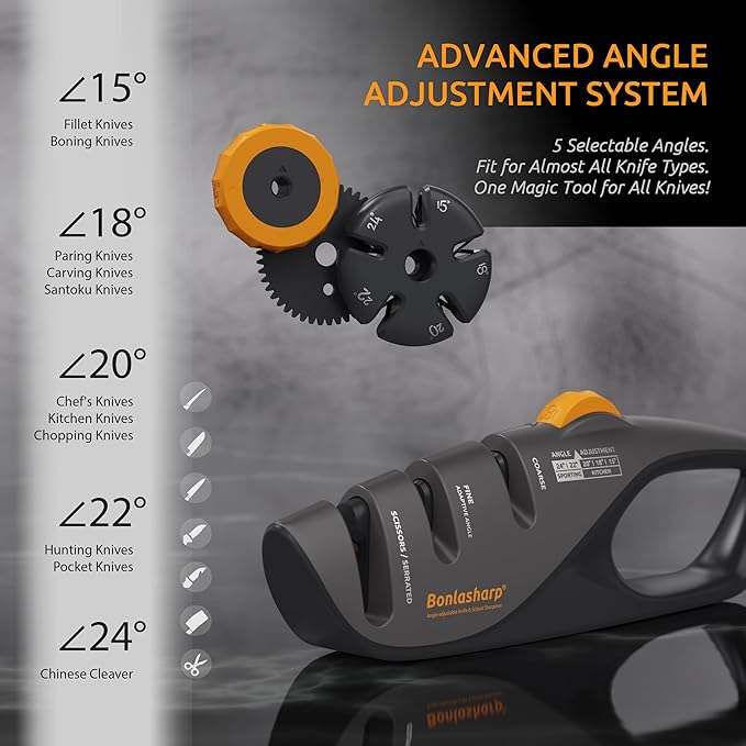 5-Angle Adjustable Knife Sharpener for Kitchen, Scissors & Pocket Knives – Precision 15°-24° Sharpening, Coarse & Fine Slots, Non-Slip Base, Ergonomic Handle, Safe & Easy to Use