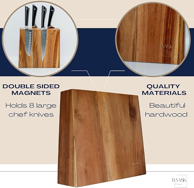 Magnetic Knife Holder, Acacia Wood Double-Sided Magnetic Knife Block - Knife Stand - Strong Magnets - Universal Size - Minimalist Modern Style by BAASK