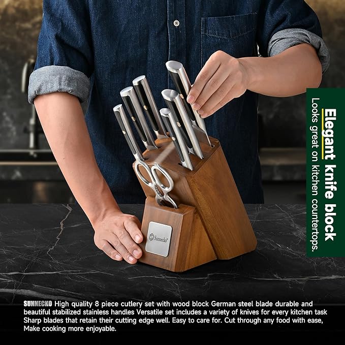 Sunnecko Knife Block Set of 8pcs - Kitchen Knife Set with High Carbon Stainless Steel 1.4116 Knife Sets for Kitchen with Block - Chef Knife with Ergonomic Handle Black Knife Set