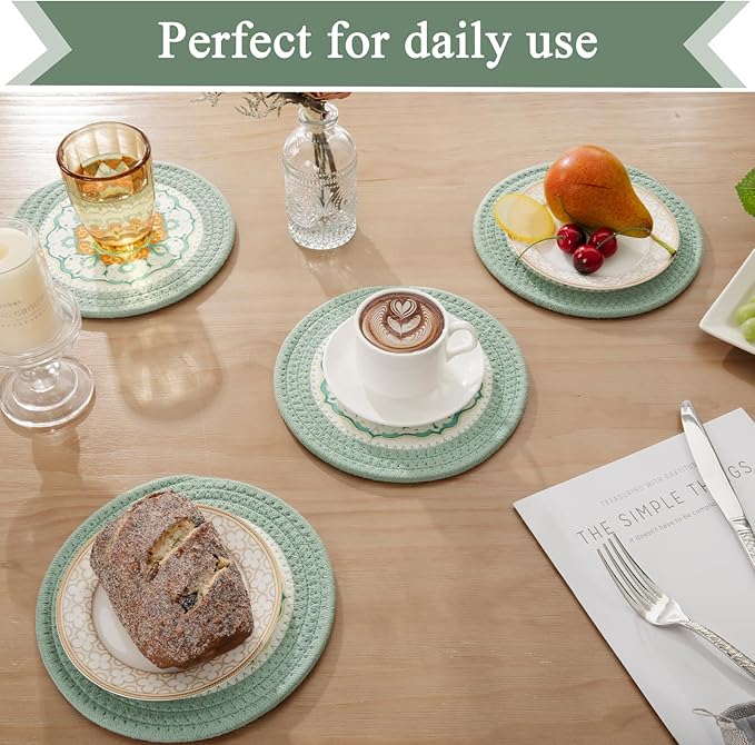 SHACOS Sage Green 8 Inches Trivets for Hot Dishes, 4 Pieces Cotton and Felt Floral Pattern Trivet Mats for Kitchen, Hot Pads for Countertops, Table, Heat-Resistant Pot Holders for Hot Pots and Pans