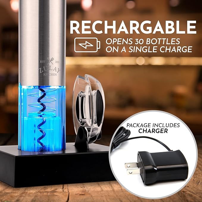 Zulay Kitchen Electric Wine Opener With Charging Base - 3-In-1 Automatic Wine Bottle Opener & Foil Cutter - Rechargeable Wine Opener Electric For Smooth & Fast Uncorking