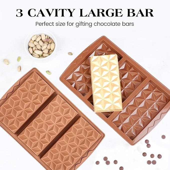 3 Pcs Deep Dubai Chocolate Bar Mold Large Stuffed Silicone Molds for Filling Knafeh Pistachio Chocolate Bar Thick Candy Molds Break Apart (Pyramid Shape)
