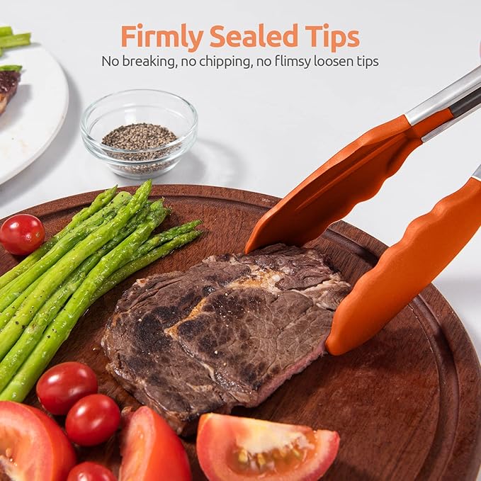 600ºF Heat Resistant Kitchen Tongs: U-Taste 9+12 inch Silicone Cooking Tong Set with Firm Sealed Non Stick Rubber Tips and Silicon Coated 18/8 Stainless Steel Handle for Serving Grilling Salad(Orange)