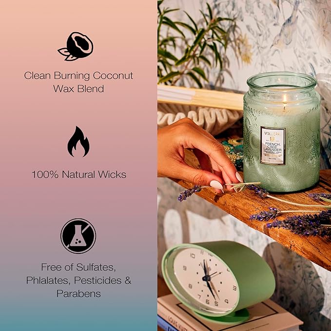 Voluspa French Cade Lavender Candle, 18 oz, Coconut Wax Blend, Scented Candles for Home, 100 Hour Burn Time, Candle Jars