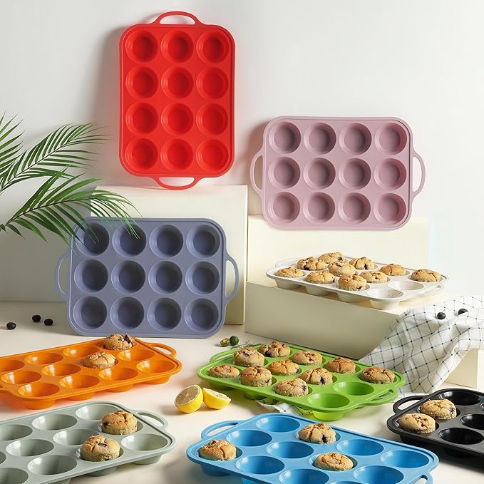 2 Packs 12 Cups Silicone Muffin Pan with Metal Reinforced Frame Regular Size Cupcake Pan Tray Egg Bites Silicone Circle Cookie Molds Muffin Tin Bread Loaf Pans for Homemade Reusable Tart Pans