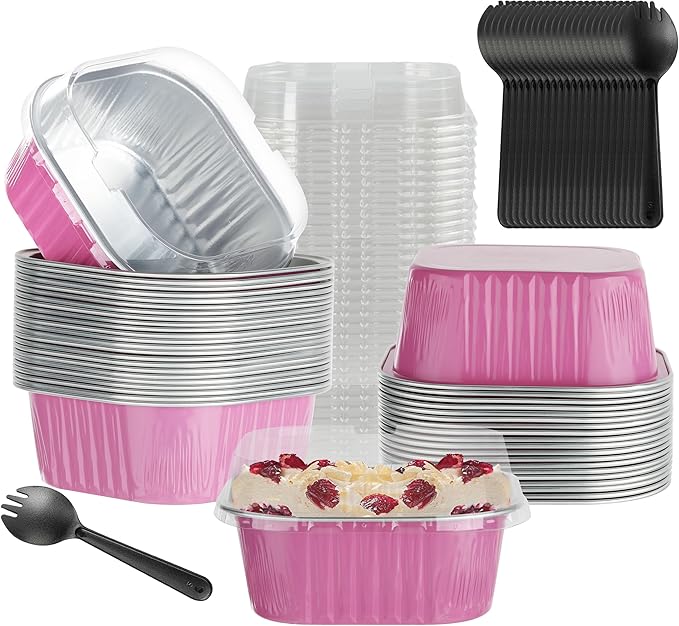 Mini Square Cake Pans with Lids，BAKINGPAK 30PCS 10OZ Mini Cake Pans with Lids Individual Cupcake Containers Mini Disposable Cake Pans with Lids Mini Aluminum Pans with Lids for Baking Party, Pink