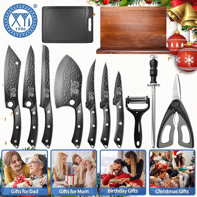 XYJ Kitchen Knife Set with Magnetic Knife Block,Cutting Board,Scissors,Honing Steel,Professional Knife Block Set,High Carbon Steel Blade,Meat Cleaver,Full Tang,Wood Handle