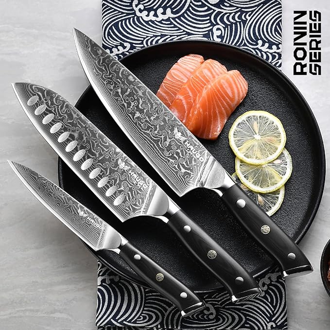Damascus Knife Set - Haugo 3 PCS Professional Chef Knife Set with Japanese VG10 Steel Core - Ultra Sharp Kitchen Knives and Full Tang G10 Handle - Ronin Series - Gift Box