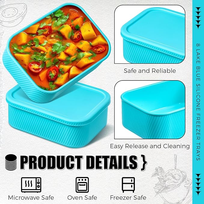 Nuogo 8 Pcs 6 Cup Silicone Freezer Trays with Lid Soup Containers Reusable Freezer Silicone Molds Rectangle Containers Ice Trays for Sauces Stews Curries, Lake Blue