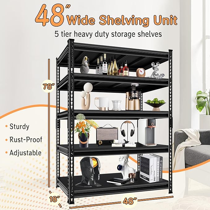 Adjustable Shelving Units and Storage, 48”W Garage Shelving Heavy Duty,2500LBS Loads 5-Tier Garage Storage Shelves, Metal Shelves for Living Room,Pantry,48”W×18”D×78”W,Black