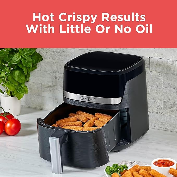 BLACK+DECKER Purifry 4QT Air Fryer, Timer with Auto Shut-off and Shake Reminder, Digital LED Touchscreen and 9 Presets, 1300W up to 400 F, Dishwasher Safe Parts
