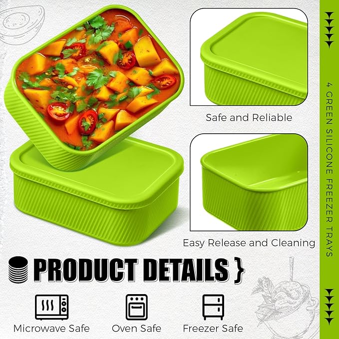 Nuogo 4 Pcs 6 Cup Silicone Freezer Trays with Lid Soup Containers Reusable Freezer Silicone Molds Rectangle Containers Ice Trays for Soups Sauces Stews Curries, Green