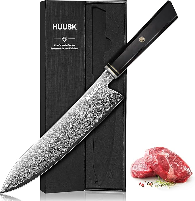 Huusk Damascus Chef Knife 8 Inch, 67-Layers Damascus Kitchen Knives with Ergonomic Wood Handle, Ultra Sharp Japanese Knife, Professional Cooking Knives for Home Kitchen Gift Idea